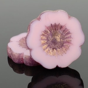 Czech Glass Hibiscus Flower Beads - Pink Opaline with Purple Bronze Finish - 22mm - 1 or 6 Beads