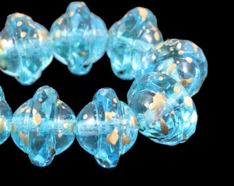 Czech Glass Saturn Beads - Saucer Beads - Aqua Blue Transparent with Antiqued Gold Finish - 8x10mm Beads - 10 Beads