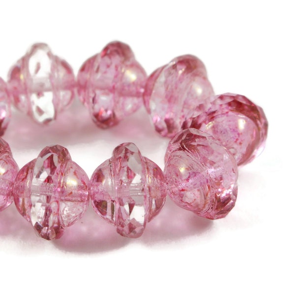 Czech Glass Saucer Saturn Beads - Crystal Transparent with Raspberry Pink Gold Luster - 8x10mm - 10 Beads