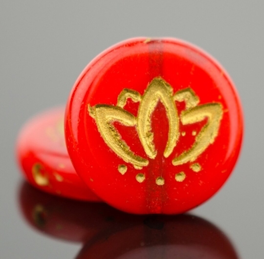 Czech Glass Lotus Flower Coin Beads Burnt Orange Opaline With Gold Wash