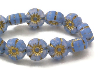 Czech Glass  Hibiscus Flower Beads - Hawaiian Flower Beads - Sapphire Blue Opaline with Gold Wash - 7mm - 12 beads