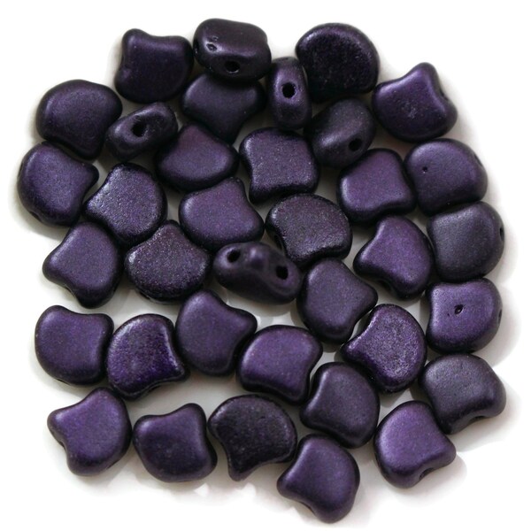 Czech Glass Matubo Ginko (Ginkgo) Leaf Bead - Two Hole Beads - Metallic Suede Dark Purple - 7.5 x 7.5mm - 2.5" Tube (approx. 36 beads)