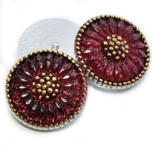 Czech Glass 18mm Sunflower CABOCHON - Daisy Flower Cabochon - Transparent Crimson Red with Gold Accents - Button WITHOUT Shank