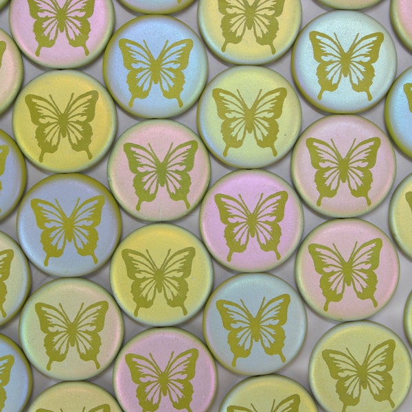 Czech Glass Round Coin Beads - Gaspeite Green Opaque Matte with AB Finish and Laser Etched Butterfly Design - 16mm - 8 Beads