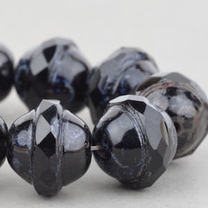 Czech Glass Beads, Saturn Beads, Jet (Black) Opaque with Picasso, 10x12mm, 10 Beads