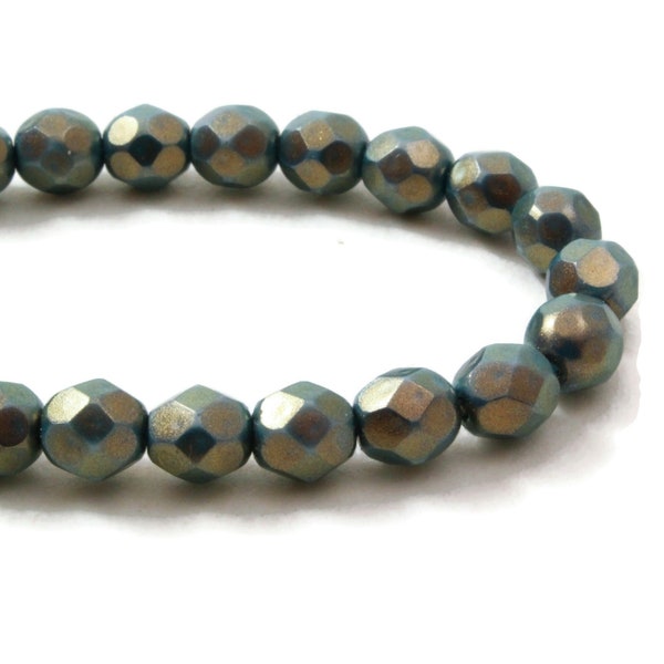Czech Glass Faceted Round Fire Polished Beads - Azurite with Ethereal Halo Finish - 6mm - 25 Beads