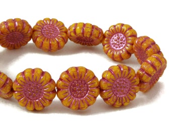 Czech Glass Sunflower Beads - Light Orange Opaque with Pink Wash - 13mm - 6 or 12 Beads