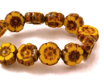 Czech Glass  Hibiscus Flower Beads - Hawaiian Flower Beads - Yellow Opaque with Picasso Finish - 7mm - 12 beads