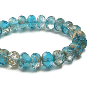 Czech Glass Rondelle Beads - Aqua Blue and Crystal Transparent Mix with Antique Gold Finish - 9x6mm - 25 Beads