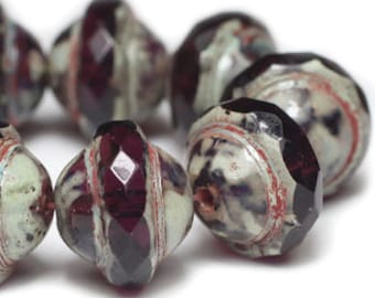 Czech Glass Saturn Beads - Dark Amethyst with Picasso Finish - 8x10mm - 10 Beads