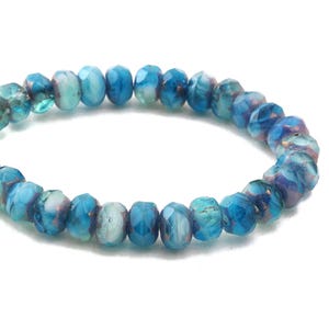 Czech Glass Beads - Czech Glass Rondelles - Aqua, Blue, and White Mix Opaque Transparent with Bronze Beads - 5x3mm - 30 Beads