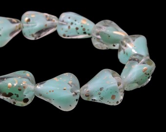 Czech Glass Old Style Drop Beads - Seafoam Green Vaseline Silk with Antique Gold Finish - 13x12mm - 12 Beads