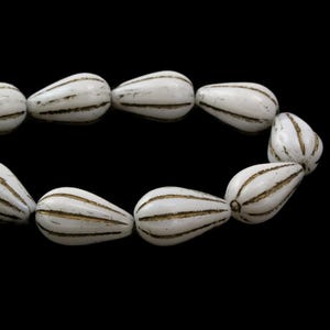 Czech Glass Tear Drop Dangle Melon Beads - White Opaque with White Luster and Dark Bronze Wash - 13x8mm - 10 Beads
