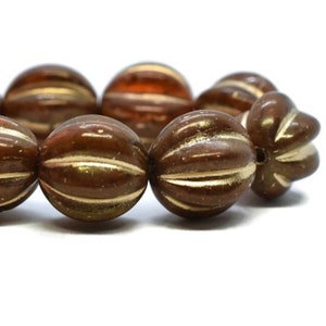 Czech Glass Melon Beads  - Opaque and Transparent Alloy Orange with Golden Luster and Gold Wash - 10mm - 15 Beads
