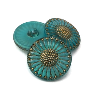 Czech Glass 32mm Round Sunflower Button -  Light Aqua Blue Antiqued with Gold Paint
