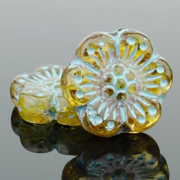 Czech Glass Wild Rose Flower Beads - Amber Transparent with Picasso Finish and Turquoise Wash - 14mm - 6 or 12 Beads
