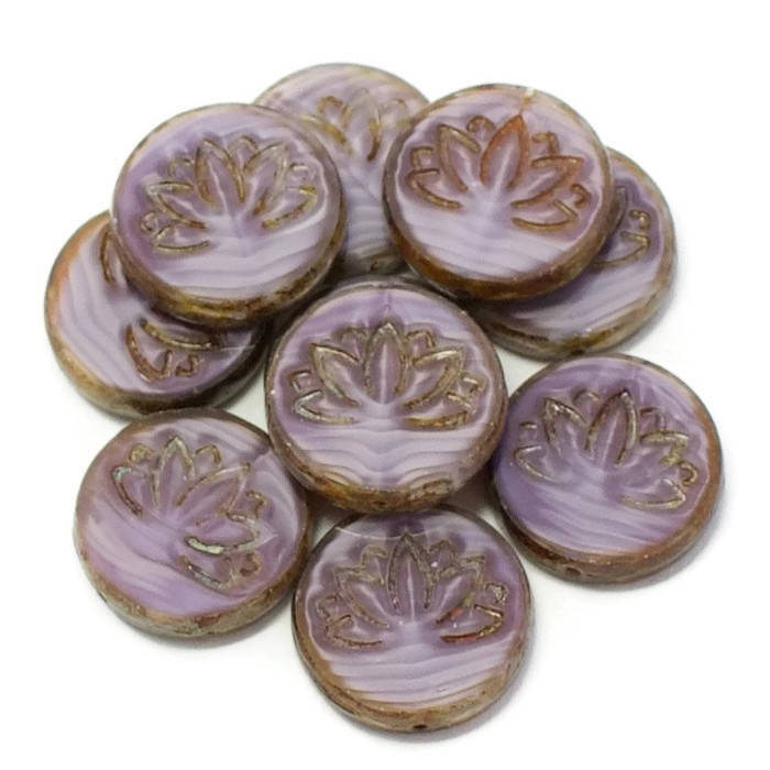 Czech Glass Lotus Flower Coin Beads Purple Silk Stripe With Etsy