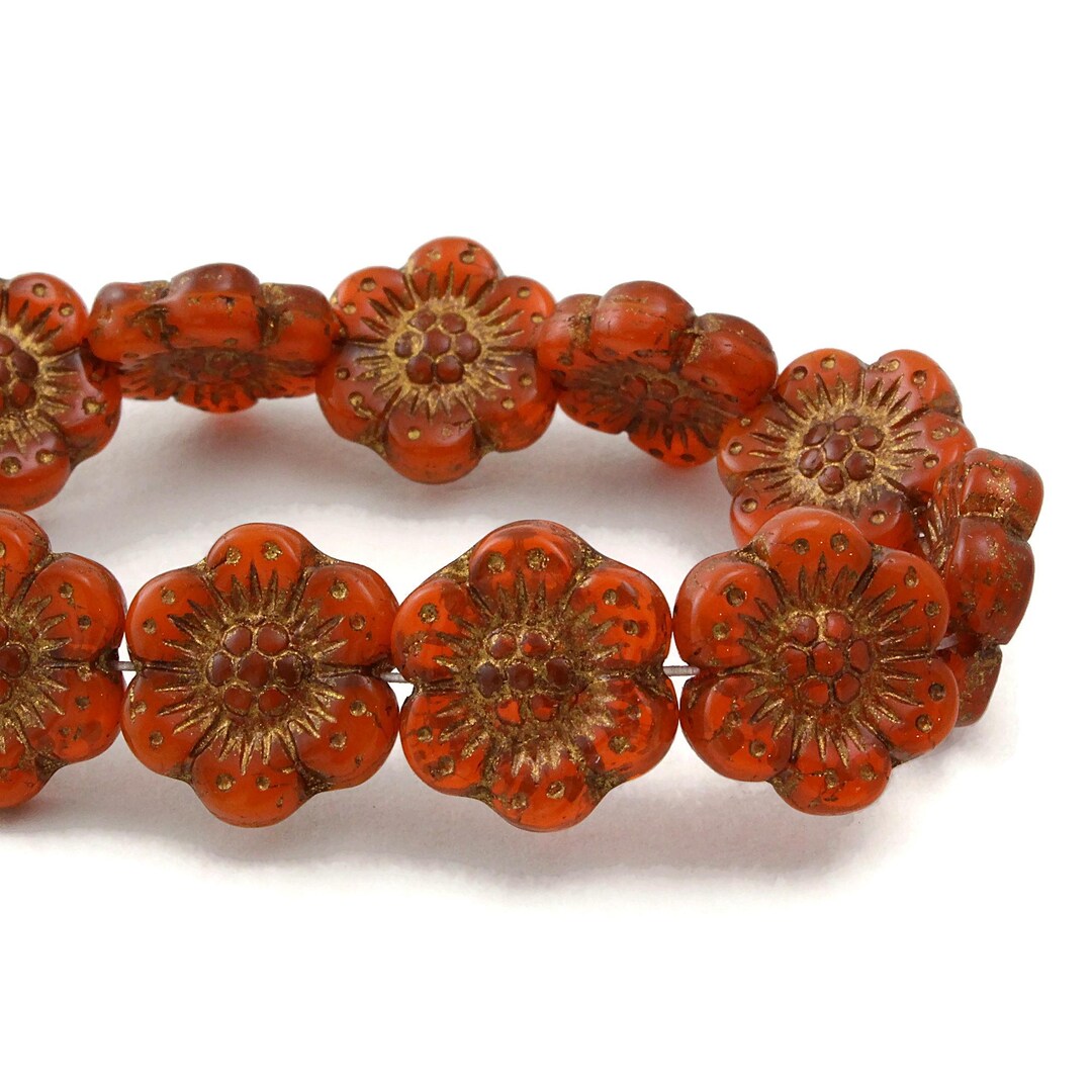 Czech Glass Wild Rose Flower Beads - Orange Opaline With Dark