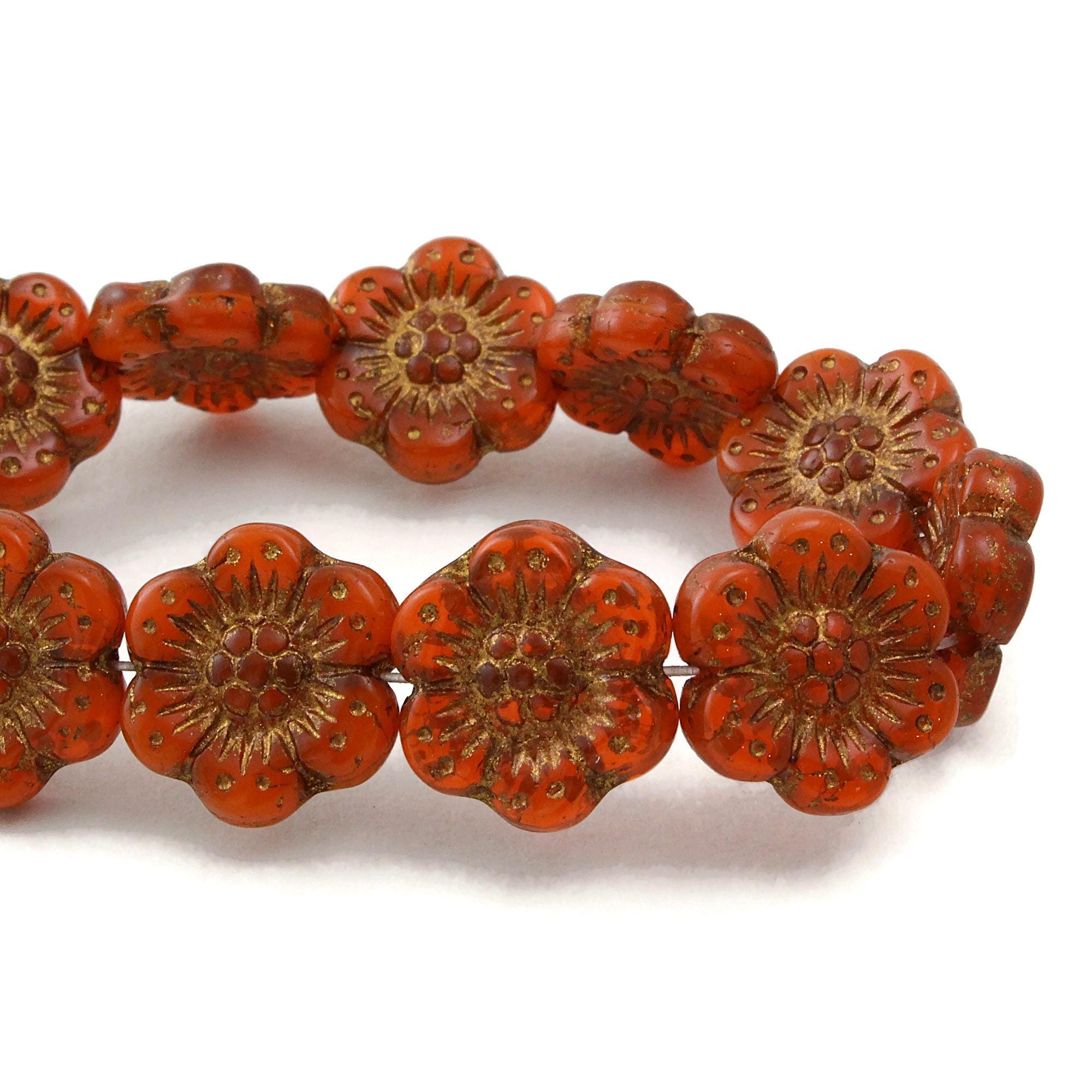 Czech Glass Wild Rose Flower Beads - Orange Opaline With Dark