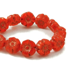 Czech Glass  Hibiscus Flower Beads - Hawaiian Flower Beads - Burnt Orange Opaline with Copper Wash - 7mm - 12 beads
