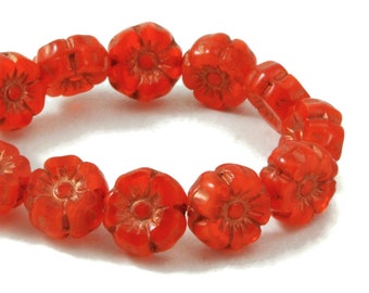 Czech Glass  Hibiscus Flower Beads - Hawaiian Flower Beads - Burnt Orange Opaline with Copper Wash - 7mm - 12 beads