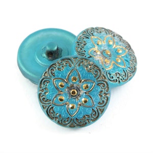 Czech Glass 18mm Round Lacy Star Button - Arabian Star Button - Aqua Blue Antiqued with Gold Paint - 18mm