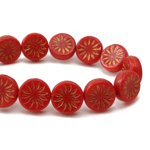 Czech Glass Aster Flower Coin Beads - Burnt Orange Opaline with Dark Bronze Finish - 12mm - 15 Beads