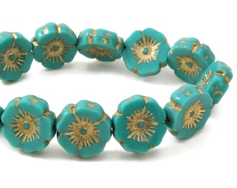 Czech Glass Hibiscus Flower Beads - Green Turquoise Opaque with Gold Wash - 12mm - 6 or 12 Beads