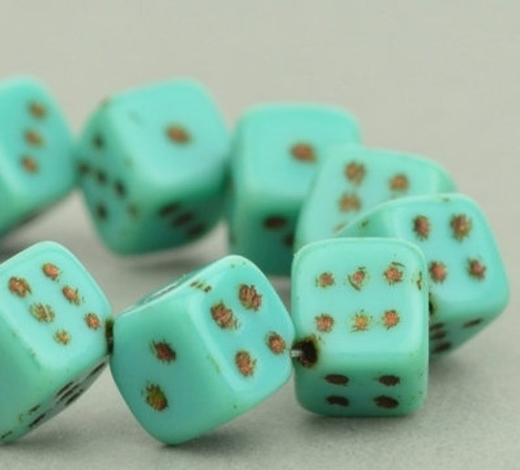 Czech Glass 8mm Dice Beads - Opaque Turquoise Bronze Wash