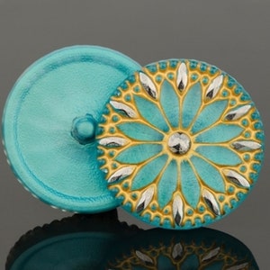 Czech Glass 32mm Round Daisy Button - Aqua Green with Gold Wash and Platinum Paint