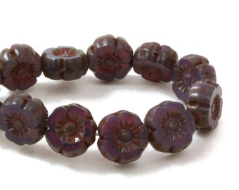 Czech Glass  Hibiscus Flower Beads - Hawaiian Flower Beads - Deep Purple Opaline with Picasso Finish - 7mm - 12 beads