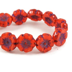 Czech Glass Hibiscus Flower Beads - Burnt Orange Opaline Mix with Purple Wash - 12mm - 6 or 12 Beads