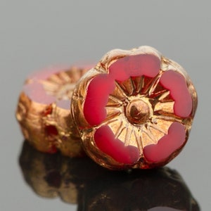 Czech Glass Hibiscus Flower Beads - Red Opaline with Bronze Finish - 9mm - 6 or 12 Beads