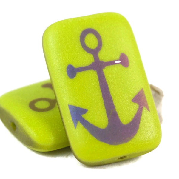 Czech Glass Rectangle Beads - Gaspeite Green Matte with Rainbow Finish and Laser Etched Anchor Design - 19x12mm - 6 Beads