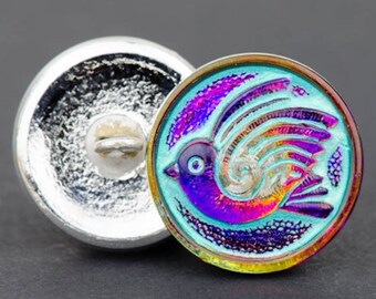 Czech Glass Button, Round Bird Design, Purple/Pink Iridescent with Turquoise Wash, 18mm