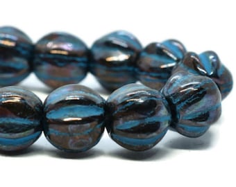 Czech Glass Melon Beads - Ridged Surface Beads - Black with a Bronze Finish and Turquoise Wash - 6mm - 25 Beads