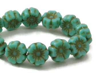 Czech Glass  Hibiscus Flower Beads - Hawaiian Flower Beads - Turquoise Opaque with Bronze Wash - 7mm - 12 beads