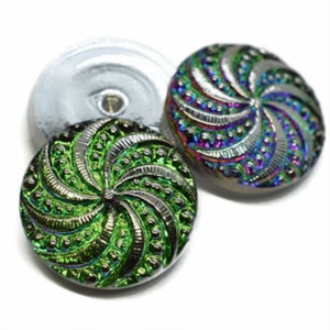 Czech Glass 18mm Pinwheel CABOCHON - Transparent Glass with Vitrail and Silver Accents - Button WITHOUT Shank