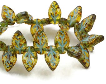 Czech Glass Small Leaf Beads - Amber Picasso Transparent with Aqua Wash - 10x6mm - 25 Beads