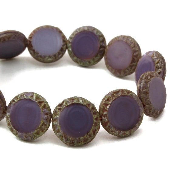 Czech Glass Beads - Czech Glass Coin Beads - Table Cut Beads - Mayan Sun Bead - Purple Silk with Picasso Beads - 12mm Beads - 12 beads