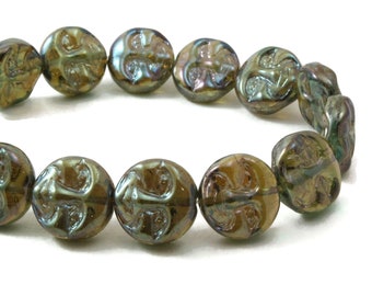 Czech Glass Moon Face Beads - Celestial Beads - Iridescent Metallic with Blue/Green Finish - 13mm - 15 Beads