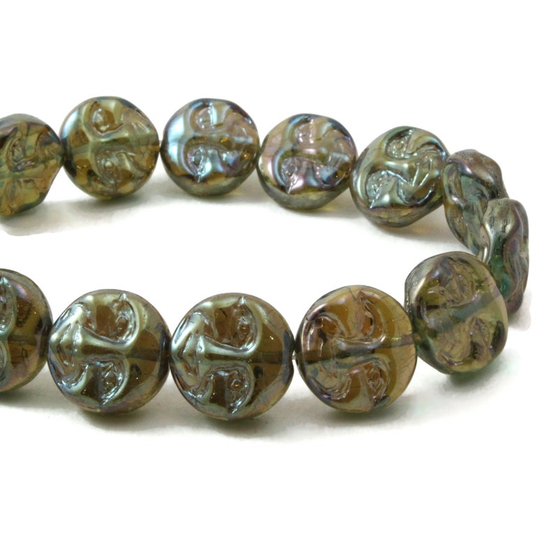 Czech Glass Moon Face Beads Celestial Beads Iridescent Metallic with Blue/Green Finish 13mm 15 Beads image 1