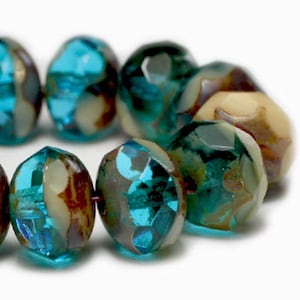 Czech Glass Rondelle Beads - Pacific Blue and Bone with Picasso Finish - 9x6mm - 25 Beads