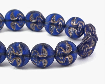 Czech Glass Moon Face Beads - Celestial Beads - Cobalt Blue Transparent Matte with Platinum Finish - 13mm - 15 Beads