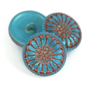 Czech Glass 18mm Round Sunflower Button - Aqua with Copper Wash