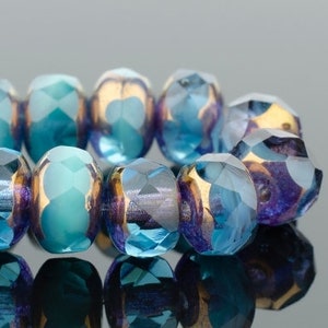 Czech Glass Rondelle Beads - Aqua Blue Transparent Turquoise Opaque Mix with Bronze Finish - 5x3mm - 30 Beads