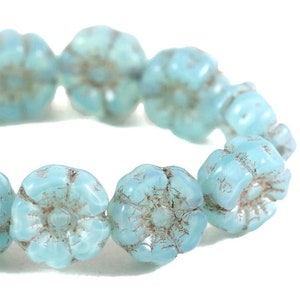 Czech Glass Hibiscus Flower Beads - Hawaiian Beads - Aqua Blue Opaline with Antiqued Finish - 7mm - 12 Beads