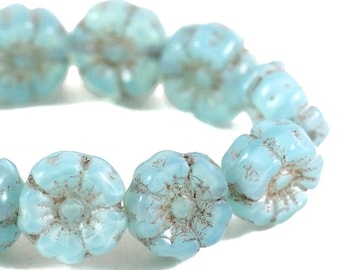 Czech Glass Hibiscus Flower Beads - Hawaiian Beads - Aqua Blue Opaline with Antiqued Finish - 7mm - 12 Beads