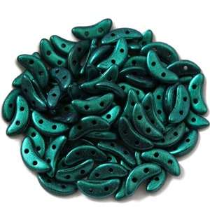 Czech Glass CzechMates Crescent Beads - Two Hole Beads - Satin Metallic Turquoise - 10x3mm - 10 Grams