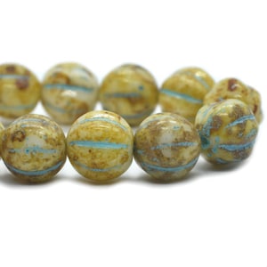 Czech Glass Ridged Melon Beads - Honey with Picasso Finish and Turquoise Wash - 8mm - 20 Beads